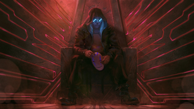 Man sitting mask shoes cyberpunk free wallpaper for desktop - medium preview image