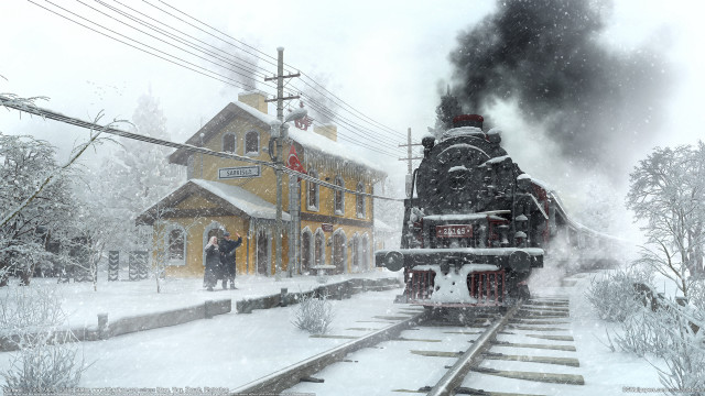 Train snow forest yellow building free wallpaper for desktop - medium preview image