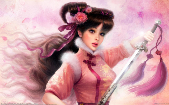 Woman sword pink dress cherry free wallpaper for desktop - medium preview image