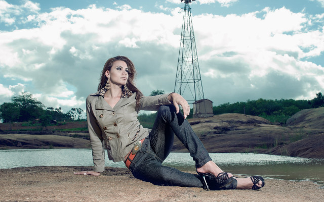 Woman lake windmill clouds fashion free wallpaper for desktop - medium preview image