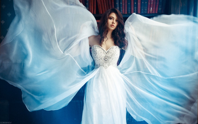 Woman white dress blue wings free wallpaper for desktop - medium preview image