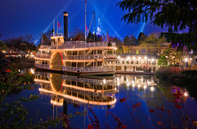 Large boat river forest night free wallpaper for desktop - medium preview image