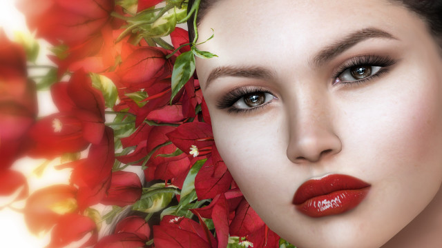 Red lips flower face photorealism free wallpaper for desktop - medium preview image