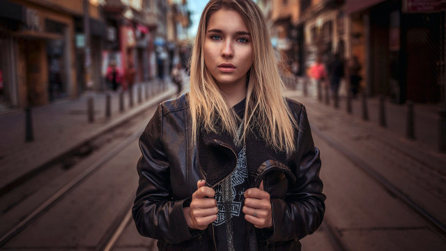 Woman black jacket street portrait free wallpaper for desktop - medium preview image