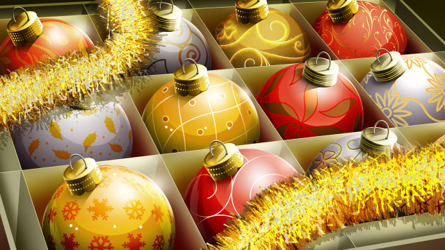 Christmas ornaments box gold ribbon free wallpaper for desktop - medium preview image