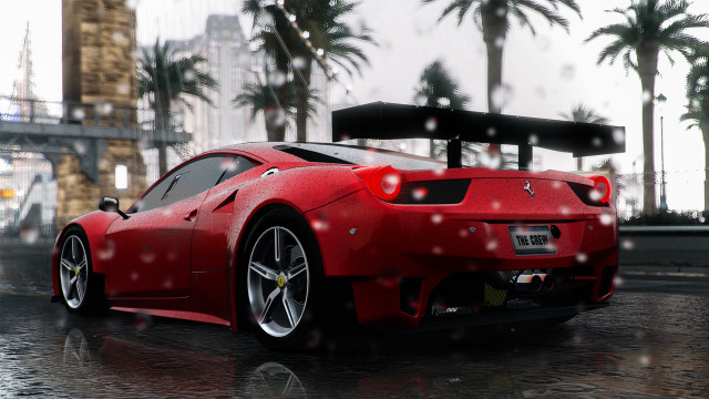 Red sports car rain palm free wallpaper for desktop - medium preview image