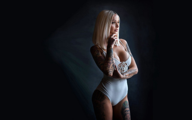 White bodysuit tattooed woman black free wallpaper for desktop - medium preview image