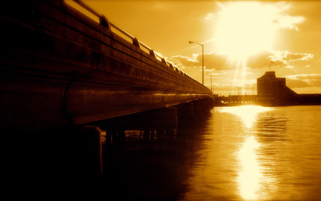 Bridge water sunset cityscape lens free wallpaper for desktop - medium preview image