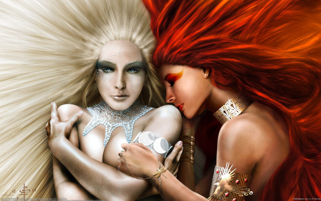 Red hair women hugging fantasy free wallpaper for desktop - medium preview image