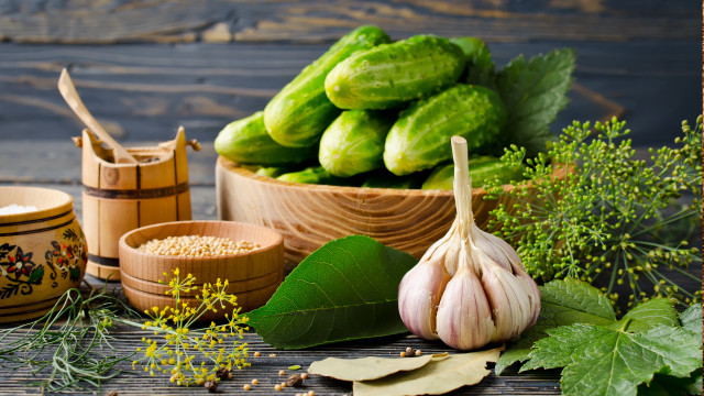 Bowl cucumbers garlic herbs wooden free wallpaper for desktop - medium preview image