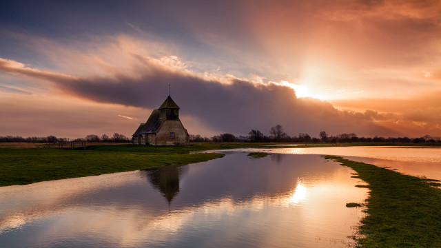 Church shore water sunset cityscape free wallpaper for desktop - medium preview image