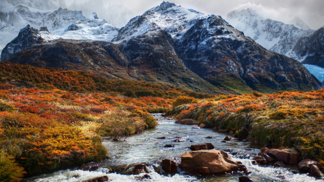 Lush valley mountains autumn snow free wallpaper for desktop - medium preview image