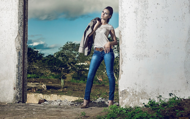 Woman doorway jacket denim outdoors free wallpaper for desktop - medium preview image