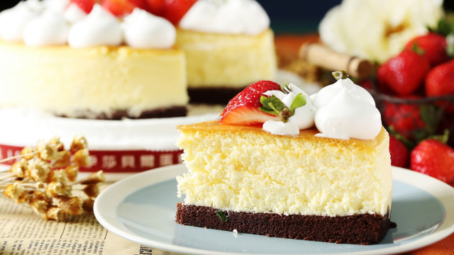 Cheesecake strawberries plate basket food free wallpaper for desktop - medium preview image