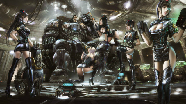 Women futuristic garb giant robot free wallpaper for desktop - medium preview image