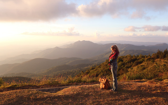 Woman hiking dog hill ecological free wallpaper for desktop - medium preview image
