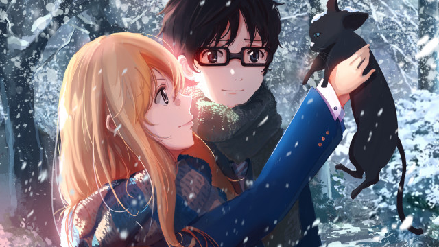 Romantic anime snow forest cats free wallpaper for desktop - medium preview image