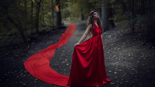 Woman red dress woods ribbon free wallpaper for desktop - medium preview image
