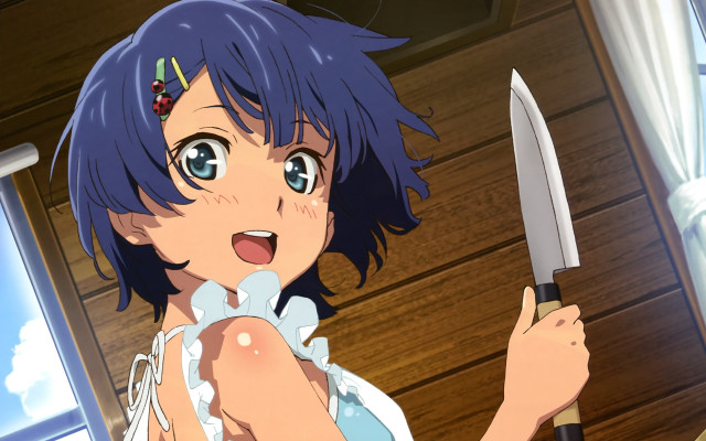 Surprised woman knife blue hair free wallpaper for desktop - medium preview image