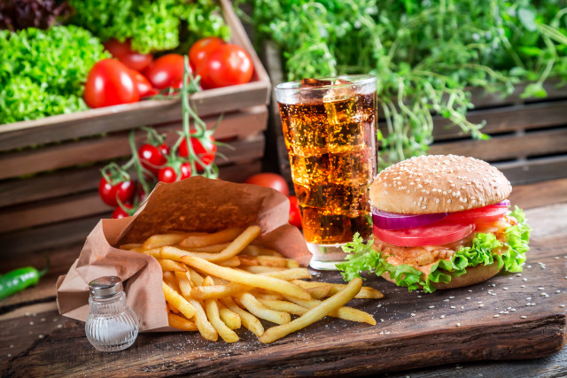Hamburger fries drink wooden table free wallpaper for desktop - medium preview image