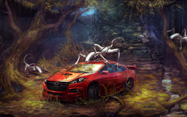 Red car wooded area birds free wallpaper for desktop - medium preview image