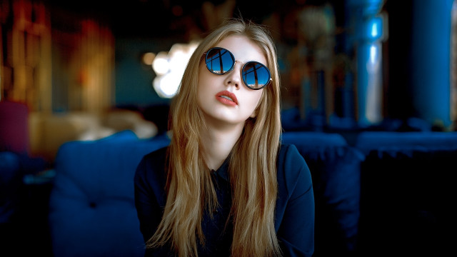 Woman blonde longhair sunglasses couch free wallpaper for desktop - medium preview image