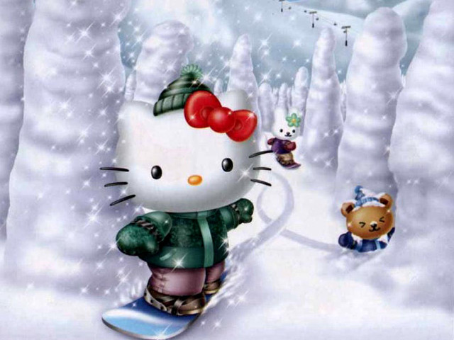 Hello kitty snowboarding teddy snowman free wallpaper for desktop - medium preview image