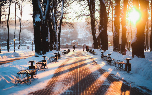 Snowy path benches people trees free wallpaper for desktop - medium preview image