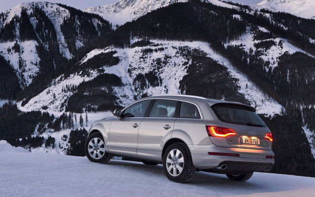 Silver car snowy mountain forest free wallpaper for desktop - medium preview image