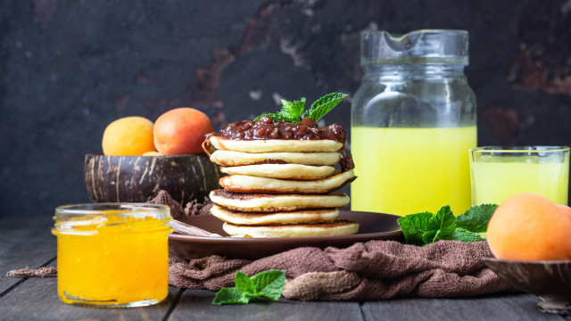 Pancakes fruit juice table cloth free wallpaper for desktop - medium preview image