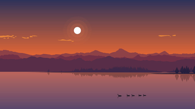 Sunset lake ducks mountains cityscape free wallpaper for desktop - medium preview image