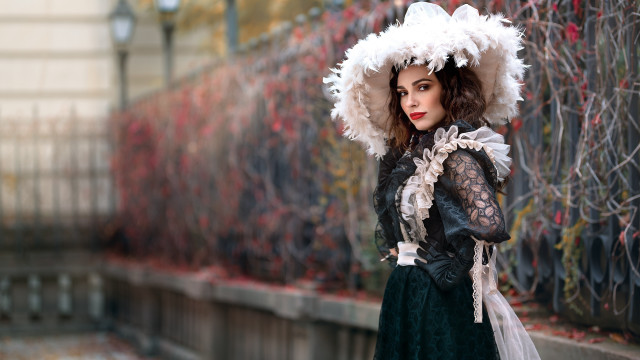 Woman dress hat fence clock free wallpaper for desktop - medium preview image