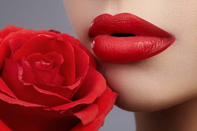 Woman red rose lip gray free wallpaper for desktop - medium preview image