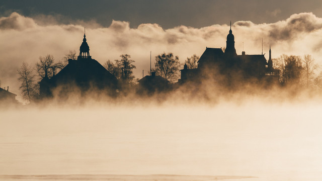 Foggy lake church trees urban free wallpaper for desktop - medium preview image