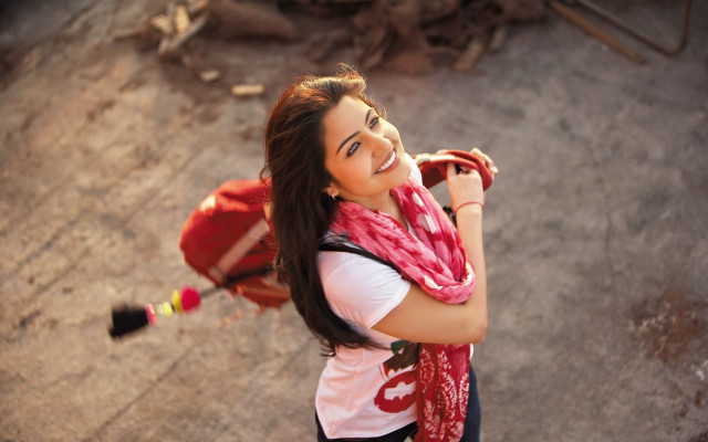 Woman red scarf backpack smiling free wallpaper for desktop - medium preview image