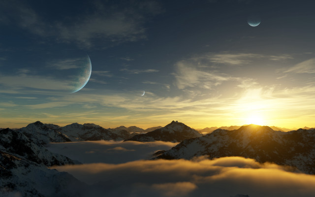 Sunset mountains planet sky clouds free wallpaper for desktop - medium preview image