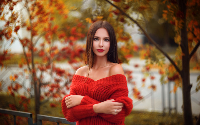 Woman red sweater tree autumn free wallpaper for desktop - medium preview image