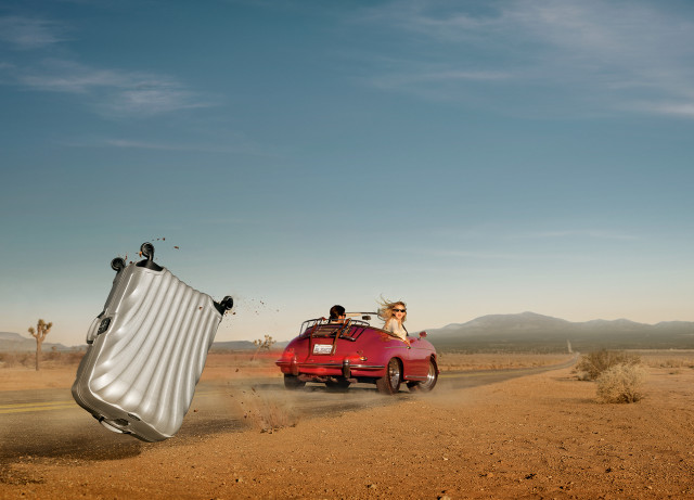 Woman red car surfboard desert free wallpaper for desktop - medium preview image