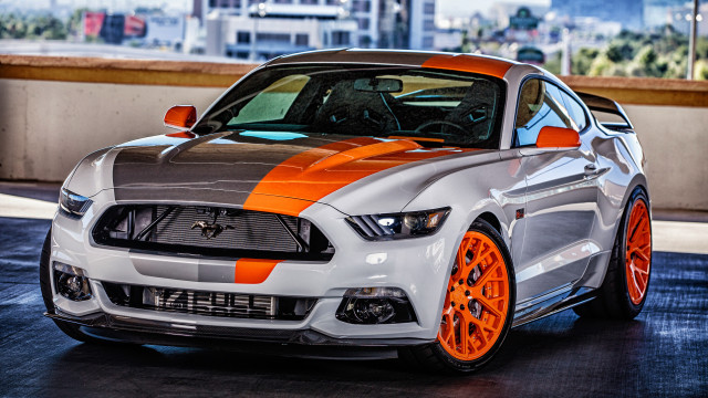 White mustang orange stripes parking free wallpaper for desktop - medium preview image