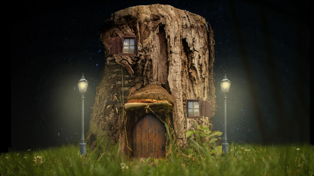Tree stump house night lights free wallpaper for desktop - medium preview image