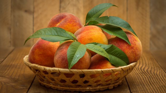 Basket peaches leaves wooden table #2 free wallpaper for desktop - medium preview image