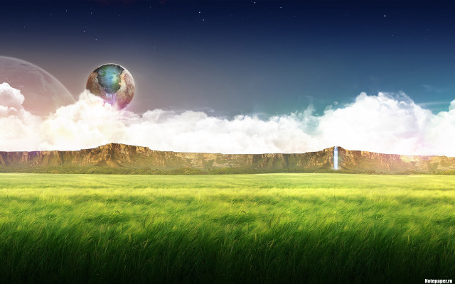 Surreal green field mountain night free wallpaper for desktop - medium preview image