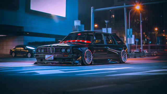 Black car night street neon free wallpaper for desktop - medium preview image