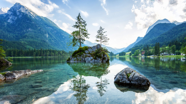 Lake mountains trees island tree free wallpaper for desktop - medium preview image