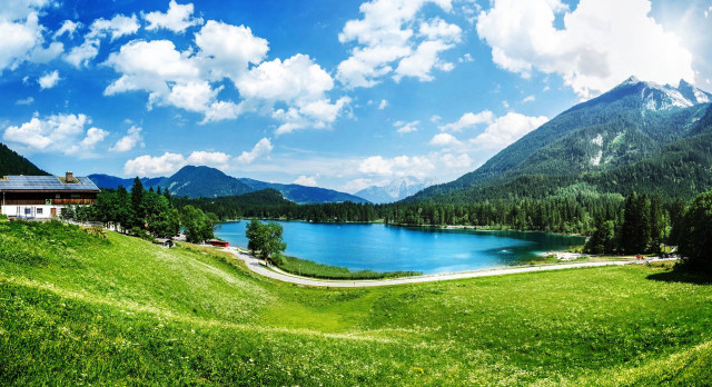 Lake mountains house hill view free wallpaper for desktop - medium preview image