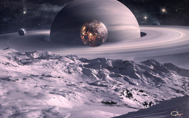 Planet rings mountains stars space free wallpaper for desktop - medium preview image