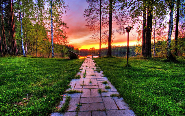 Sunset path grassy trees fence free wallpaper for desktop - medium preview image