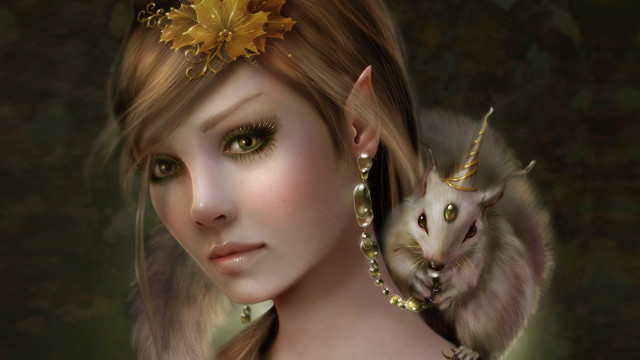 Woman cat elf goldflower fantasy free wallpaper for desktop - medium preview image