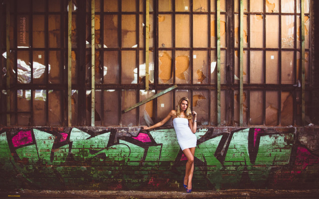 Woman white dress graffiti wall free wallpaper for desktop - medium preview image