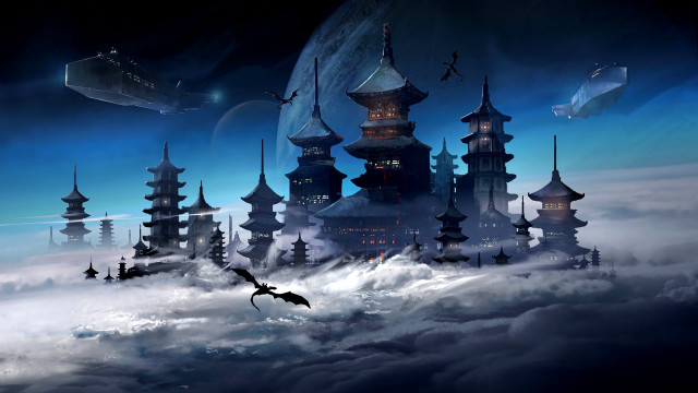 Sky castle dragon plane fantasy free wallpaper for desktop - medium preview image